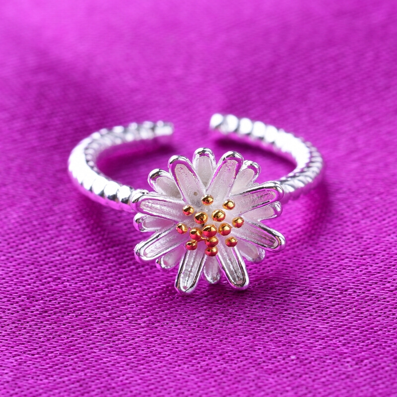 Silver Plated Rings S925 Beautiful Chrysanthemums with Gemstones