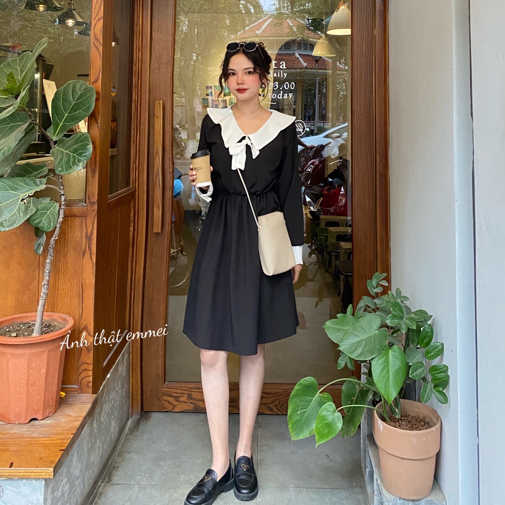 Váy babydoll nơ cổ dài tay trắng đen, đầm tiểu thư emmei v114