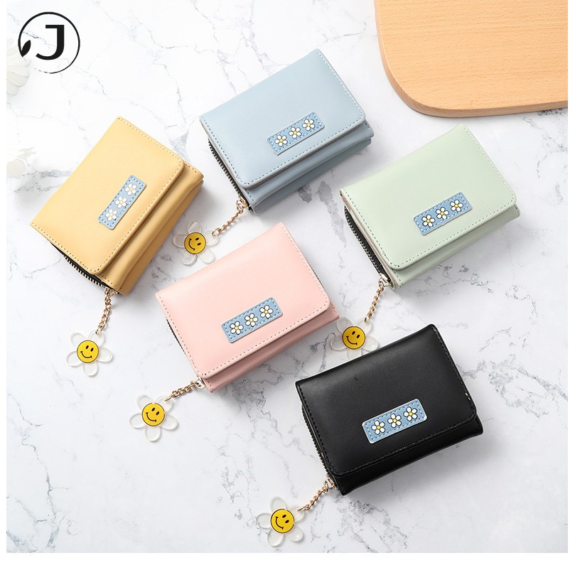 Ví da ngắn mini cầm tay đựng tiền có khóa kéo gắn hình hoa hướng dương đáng yêu