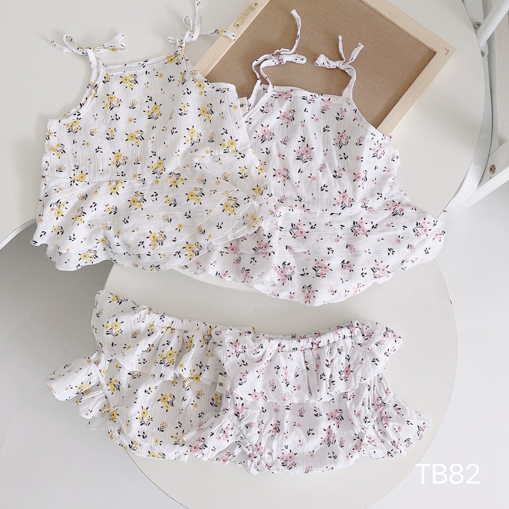 Set áo 2 dây kèm quần đùi siêu xinh họa tiết hoa nhí cho bé gái, vải thô mềm, thoáng mát size 6 - 15 kg
