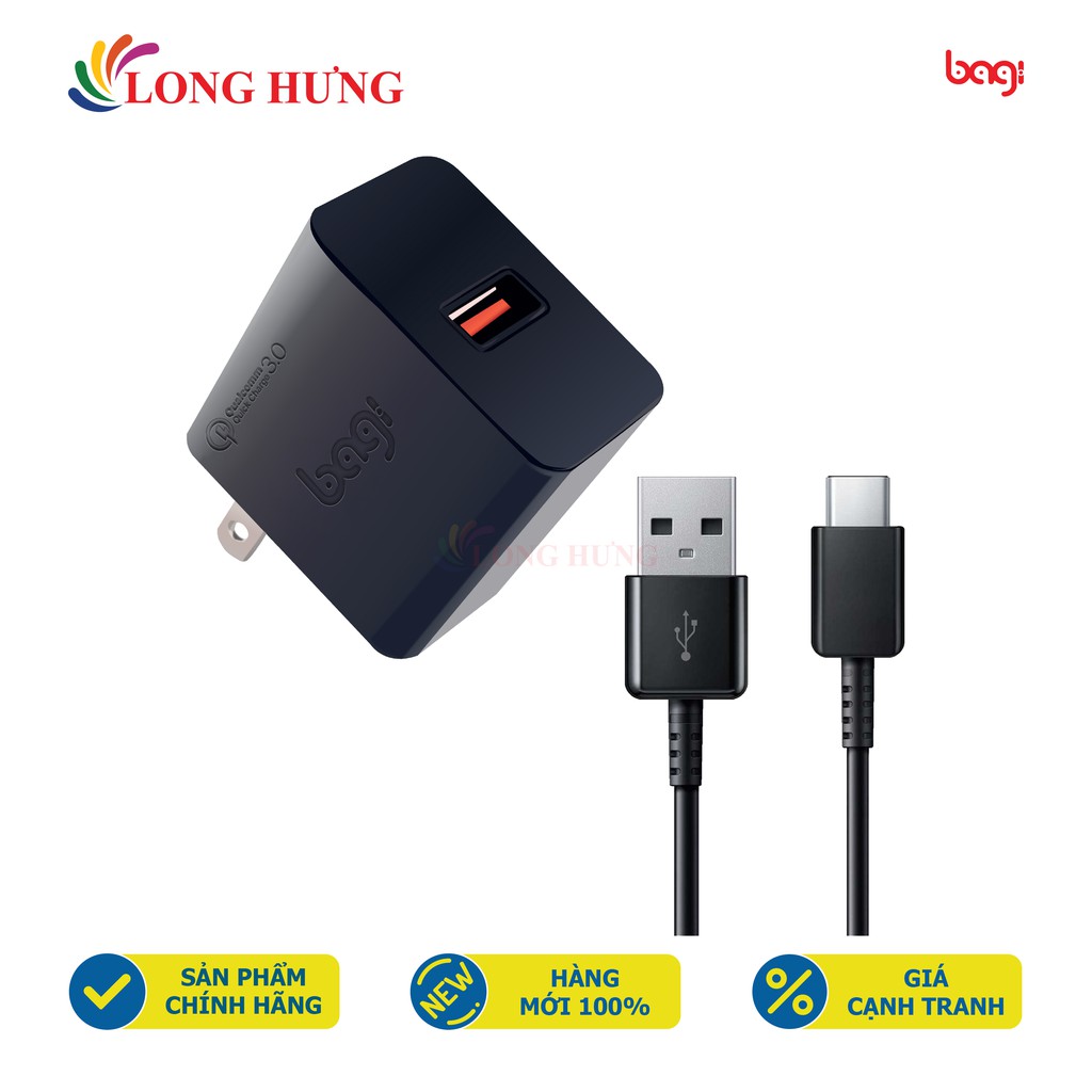 Combo cốc sạc Bagi QC 3.0 2A 1USB + Cáp USB Type-C 2.0 1.2m CB-M30 - Hàng chính hãng