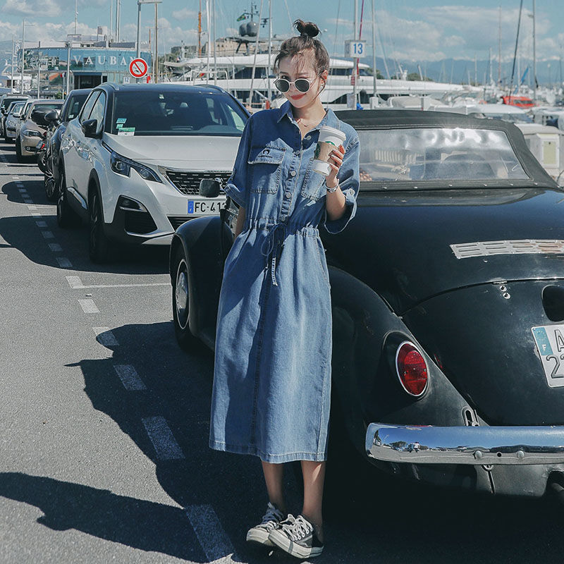 Đầm Denim Tay Lửng Dáng Dài Qua Gối Thời Trang Cho Nữ