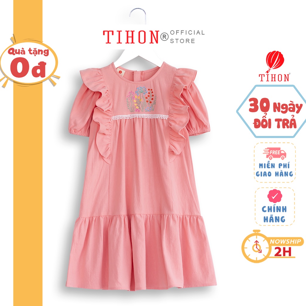 Váy bé gái TIHON thêu hoa ngực 2 màu trắng hồng cho bé từ 3 đến 9 tuổi VD0750224