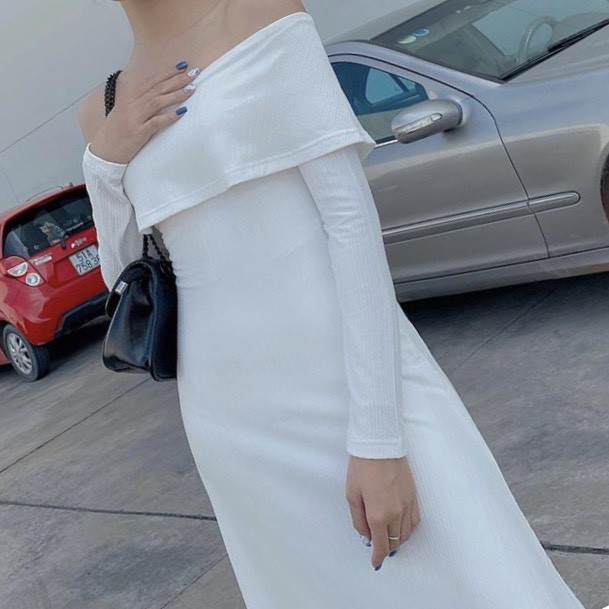 Đầm Dự tiệc trễ vai màu trắng body tay dài hàng thiết kế chính hãng Kim Hoàng - (Mẫu Trễ Vai) | BigBuy360 - bigbuy360.vn