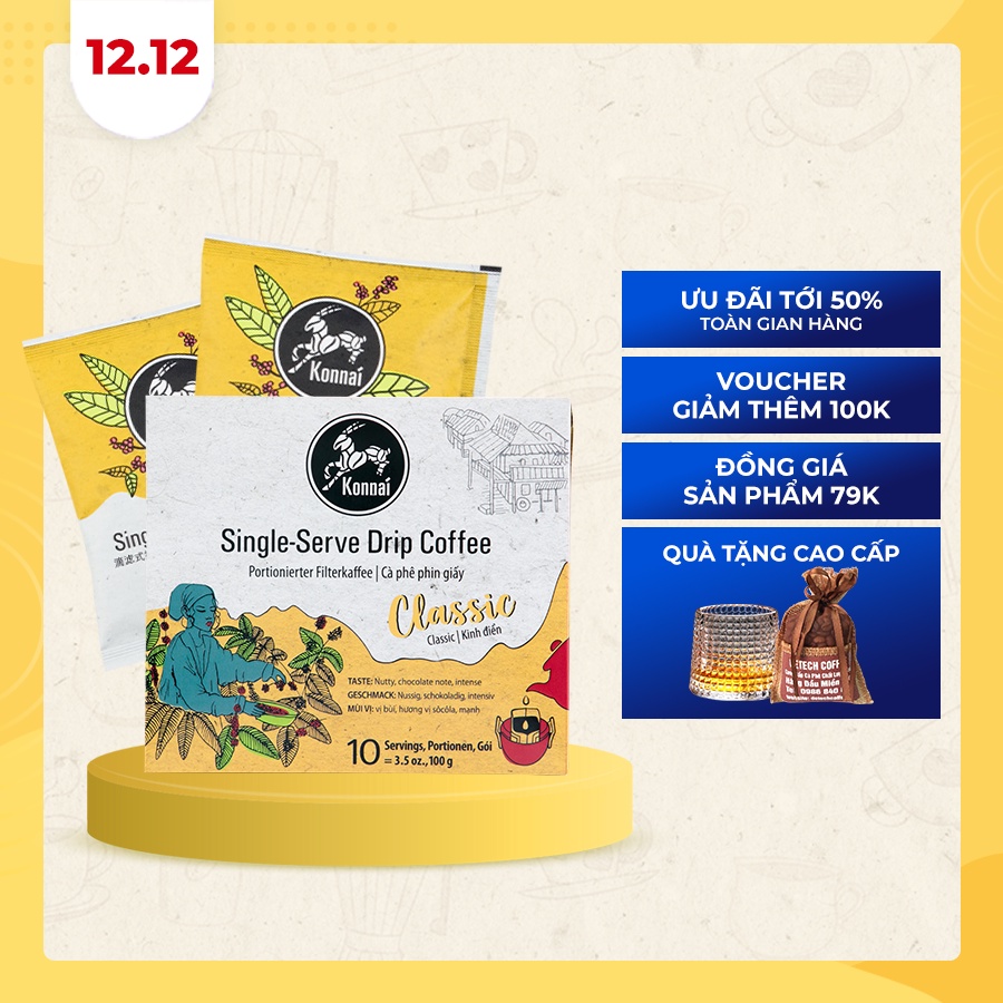 Cà phê phin giấy nguyên chất Classic Coffee pha chế tiện lợi 100% Robusta Konnai Coffee phù hợp đi làm, đi học, đi du lị | BigBuy360 - bigbuy360.vn