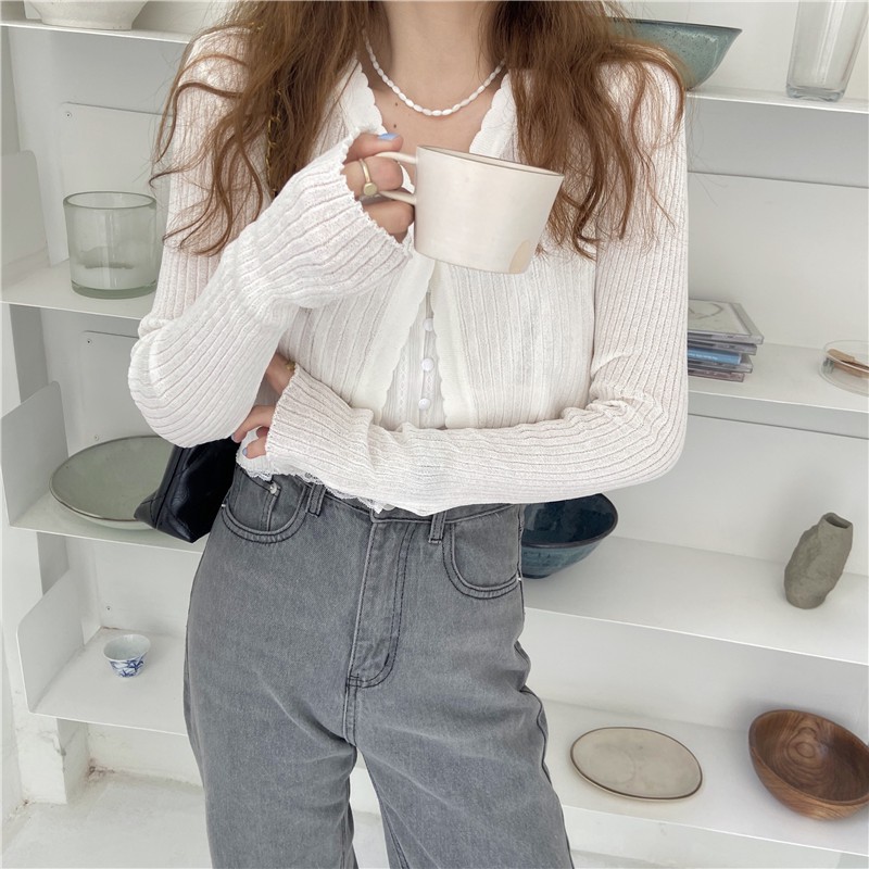 Xiaozhainv Áo hai dây ren/Áo cardigan chống nắng dệt kim tay dài thời trang mùa hè cho nữ (mua lẻ)