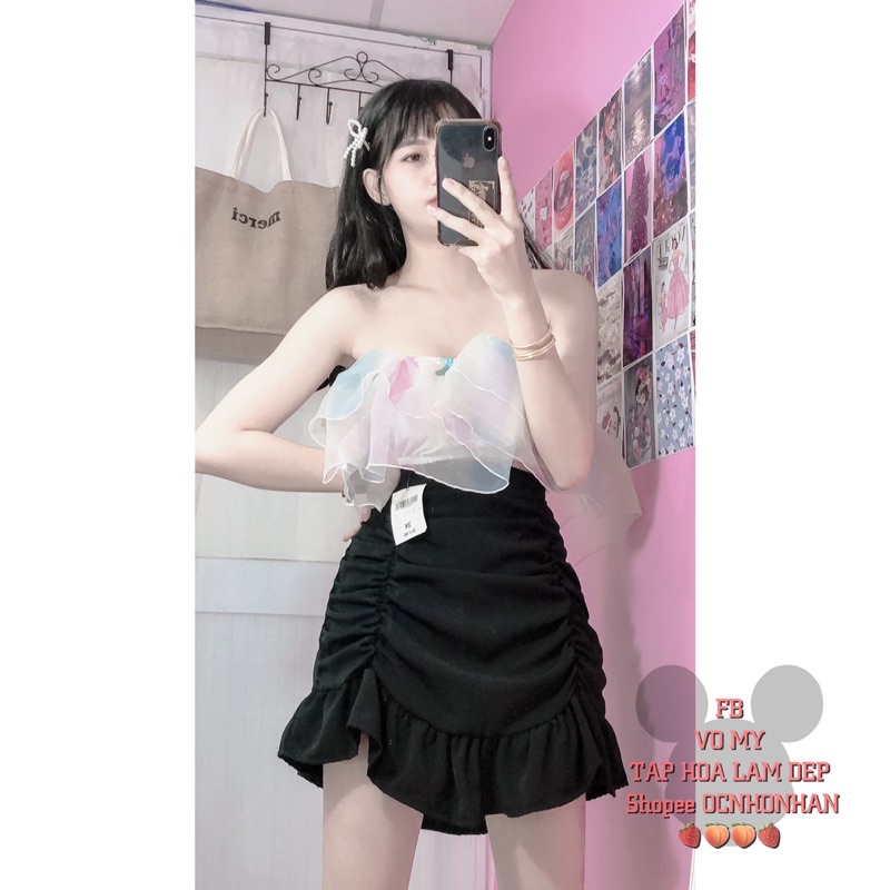 Set áo bẹt vai loang màu tầng chân váy đuôi cá
