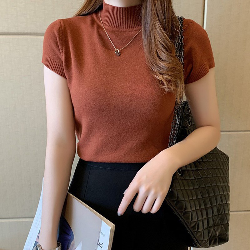 Áo Dệt Kim Ôm Dáng Tay Ngắn Cổ Lọ Màu Trơn Thời Trang Cho Nữ