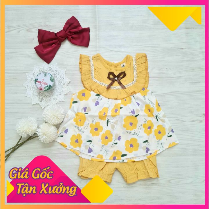 Quần áo bé gái, Set Bộ Hoa Đính Nơ Nhỏ Chất Đũi Cho Bé Gái