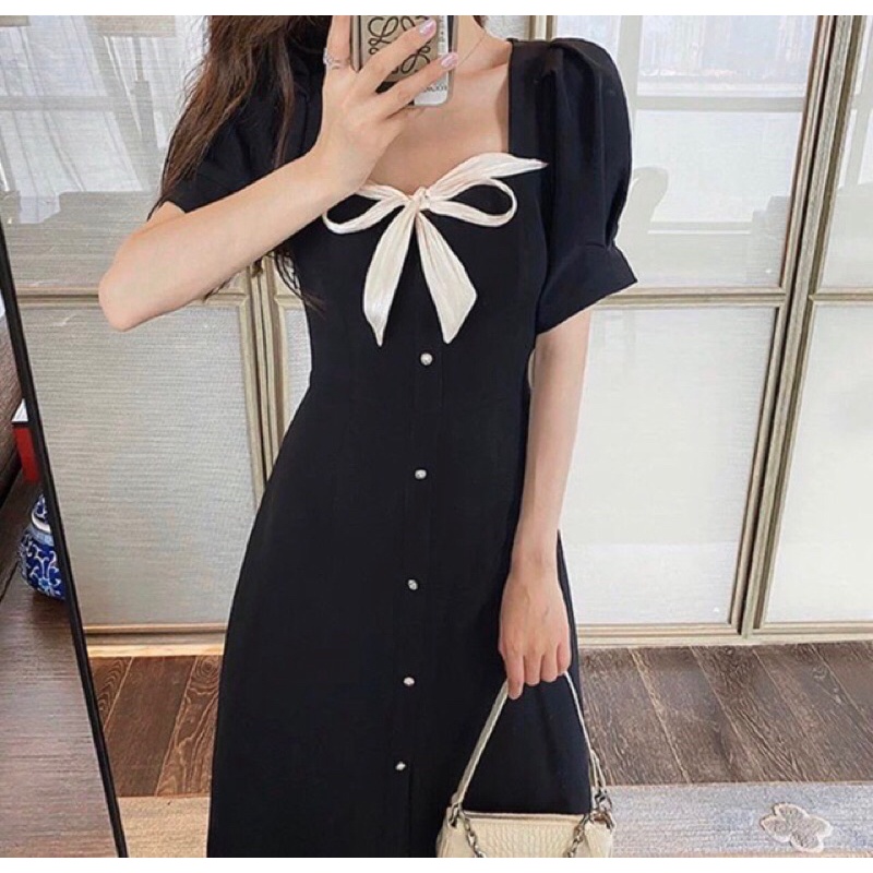 Đầm tiểu thư BlaPink Thiết kế nơ vàng sang trọng,Form chuẩn đẹp - SPIA DRESS T207 | BigBuy360 - bigbuy360.vn
