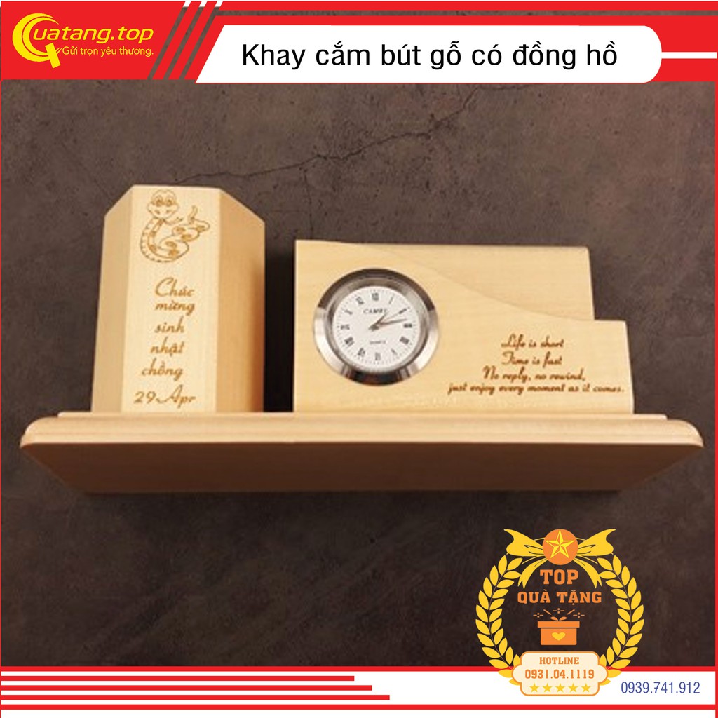 [TẶNG HỘP GÓI QUÀ] Khay cắm bút gỗ cao cấp Maple đồng hồ để bàn 70x80x180mm KCBG02DH kèm dịch vụ khắc tên theo yêu cầu