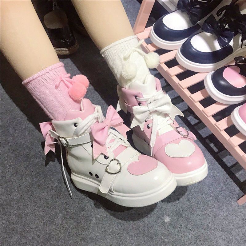 [Order] Giày thể thao cổ cao Lolita mix 2 màu đính nơ loại đẹp trắng - đen - hồng