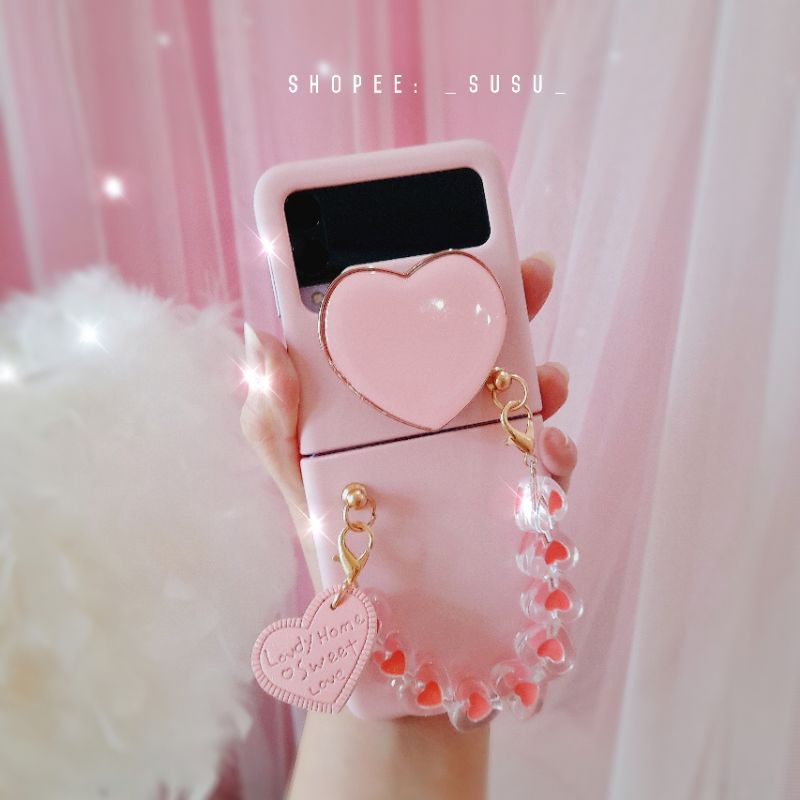 Ốp Samsung Z Flip 3 - ZFlip 3 - ZFlip3 hồng pastel ngọt ngào kèm bộ dây đeo tim dễ thương