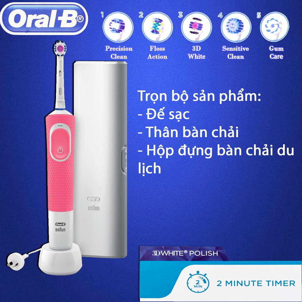 Oral B Pro 100 3D White Polish Power Toothbrush Pink - Bàn chải đánh răng điện của Úc