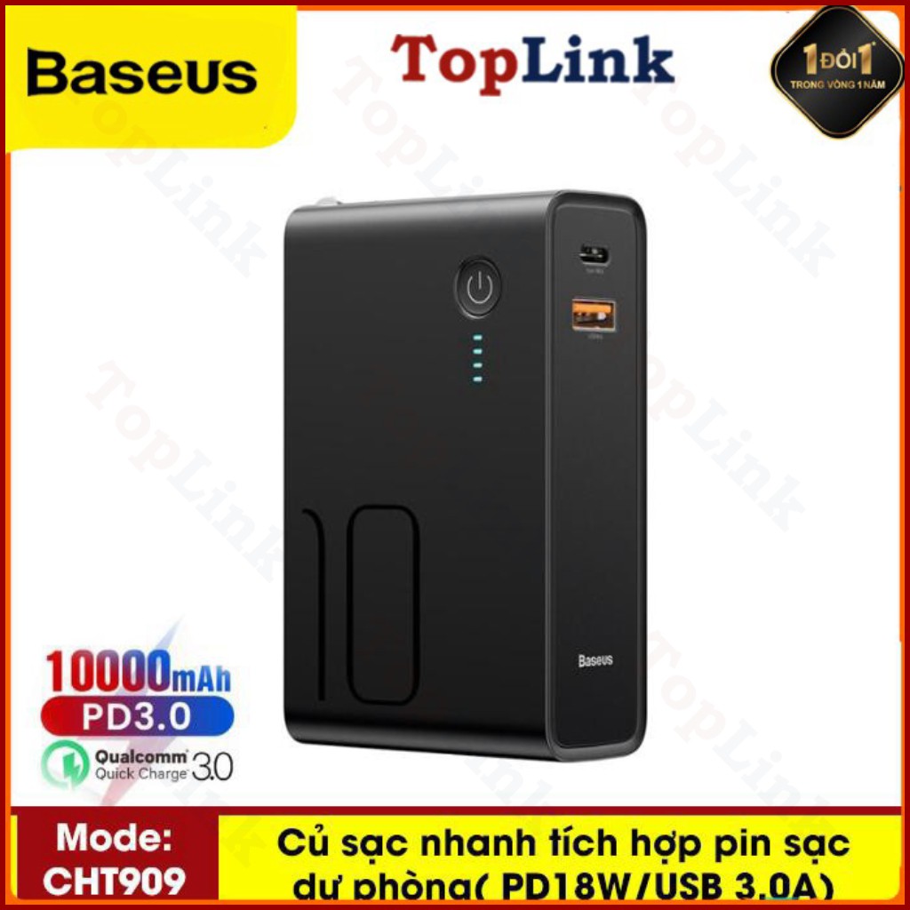 Pin Sạc Dự Phòng Baseus 2in 1 CHT909 Dung Lượng 10000 Mah Power Bank Tích Hợp Củ Sạc Nhanh Với Đầu Cắm USB 3A Và Type C