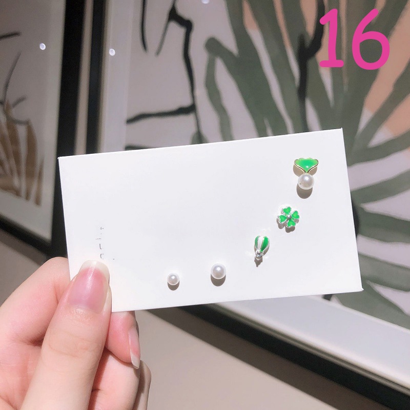Bông Tai 5 Pcs Set Korea Bow Clover Earrings Fashion Crystal Silver / Gold Party Earring Women Jewelry Gift
