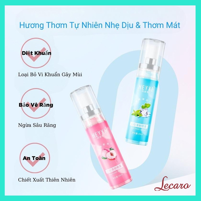 Xịt Thơm Miệng HEYXI 20ml Hương Đào Ngọt Ngào, Hương Bạc Hà Mát Lạnh, Dùng Sau Kem Đánh Răng, Nước Súc Miệng  LECARO
