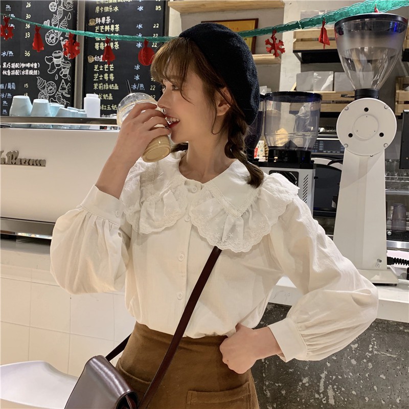 Áo kiểu nữ Cổ thủy thủ Bánh bèo Tay dài Thiết kế Màu trắng Ulzzang Hàn Quốc Áo kiểu nữ cổ búp bê thời trang