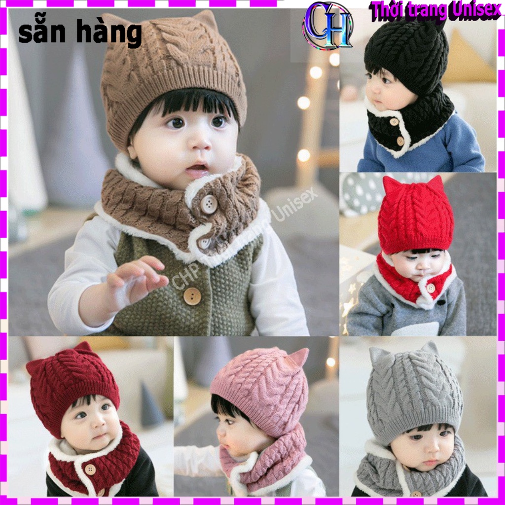 set mũ kèm khăn len tai mèo  𝐅𝐑𝐄𝐄 𝐒𝐇𝐈𝐏  nón len cho bé lót lông mềm mại giữ ấm cơ thể cho bé siêu đáng yêu