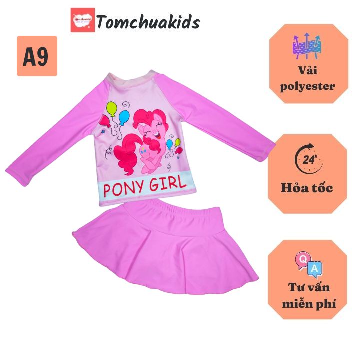 Đồ bơi bé gái tay dài hình Pony từ 10-39kg -quần giả váy tạo kín đáo- Tomchuakids