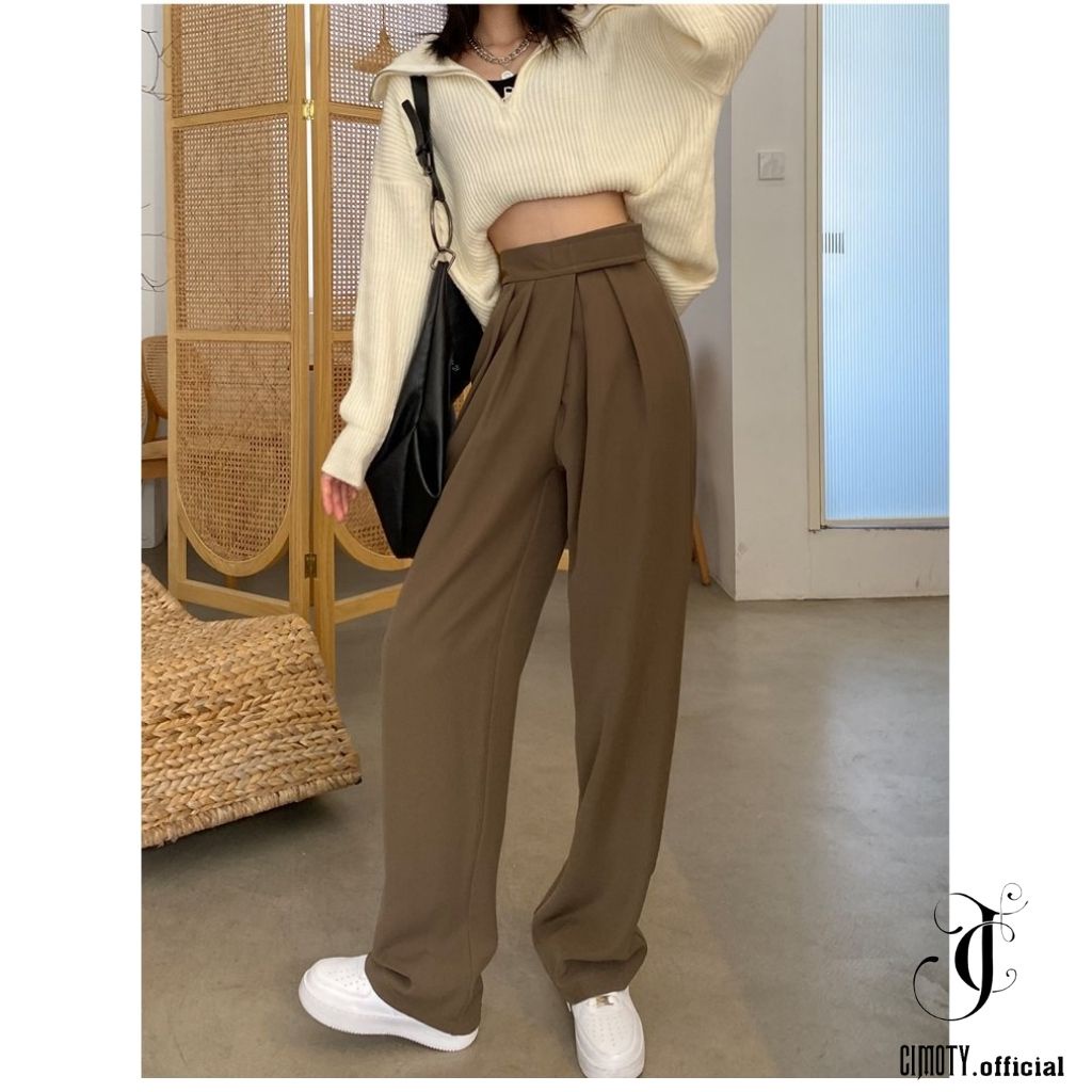 Quần ống rộng CIMOTY quần suông lưng cạp cao ống suông vải nữ dài culottes xuông màu đen , nâu , xám QD02