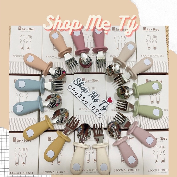Set thìa - nĩa Silicon hình gấu Bar rot cho bé tập ăn dặm - Barrot Spoon and fork set