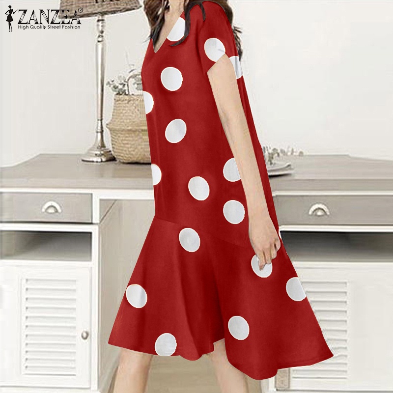 Đầm mini ZANZEA tay ngắn họa tiết chấm bi nhún bèo vintage phong cách thường ngày dành cho nữ