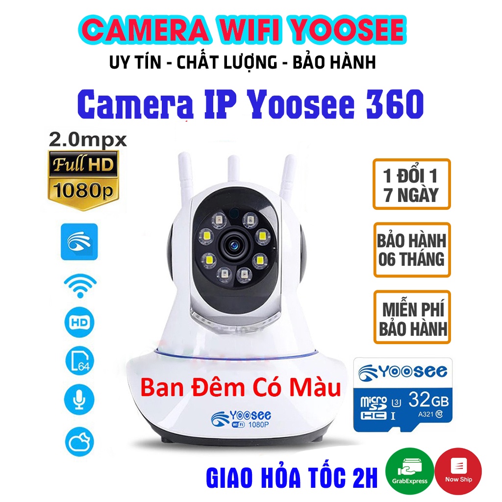 Camera Yoosee trong nhà có màu, xoay 360 độ, Full HD 1080P - Camera 3 râu kèm thẻ nhớ yoosee 32GB | BH 6 Tháng