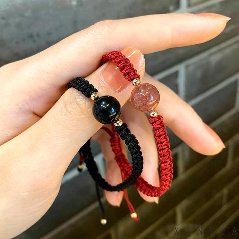 Vòng Tay Dây Bện Mặt Đá Obsidian Thiết Kế Đơn Giản Cho Cặp Đôi