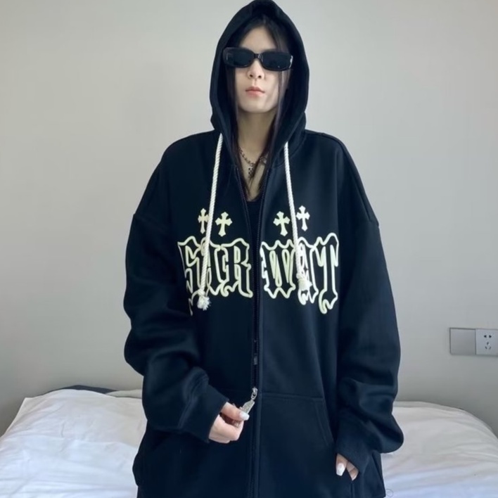 Áo hoodienữ Phong Cách áo khoác hoodie retro Mỹ Nam Nữ trơn In ấn áo hoodie unisex form rộng