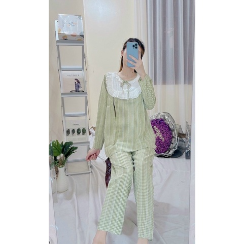 Bộ mặc nhà nơ đũi viền bèo nút ngọc hoạ tiết kẻ ô, Đồ ngủ pijama cho bầu và sau sinh có khoá ti