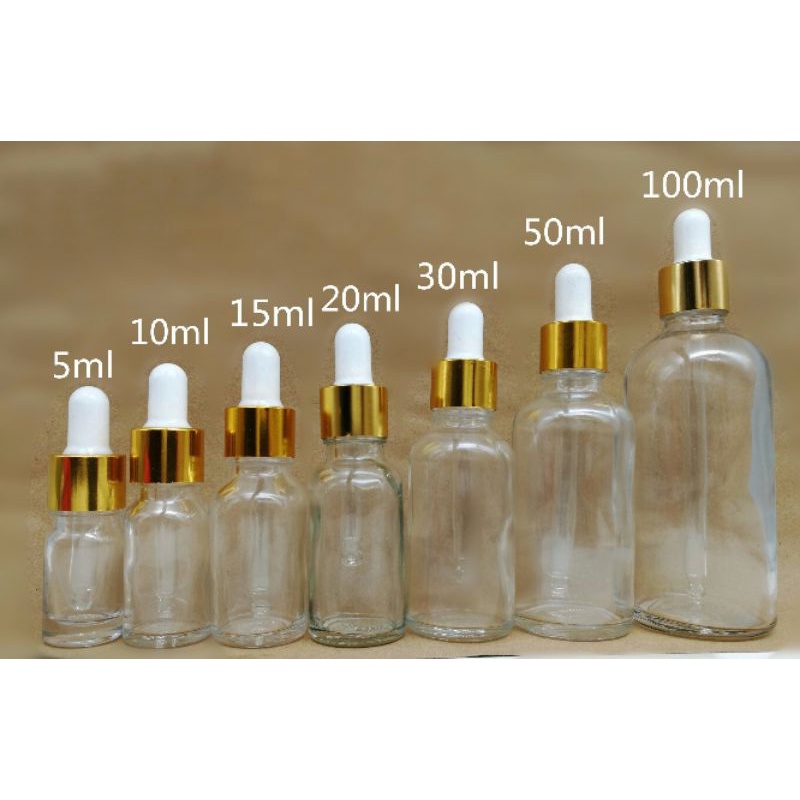 Vỏ chai thủy tinh, tinh dầu , chai serum trắng trong khoen vàng ống thủy tinh : 5ml, 10ml, 15ml, 20ml, 30ml, 50ml, 100ml