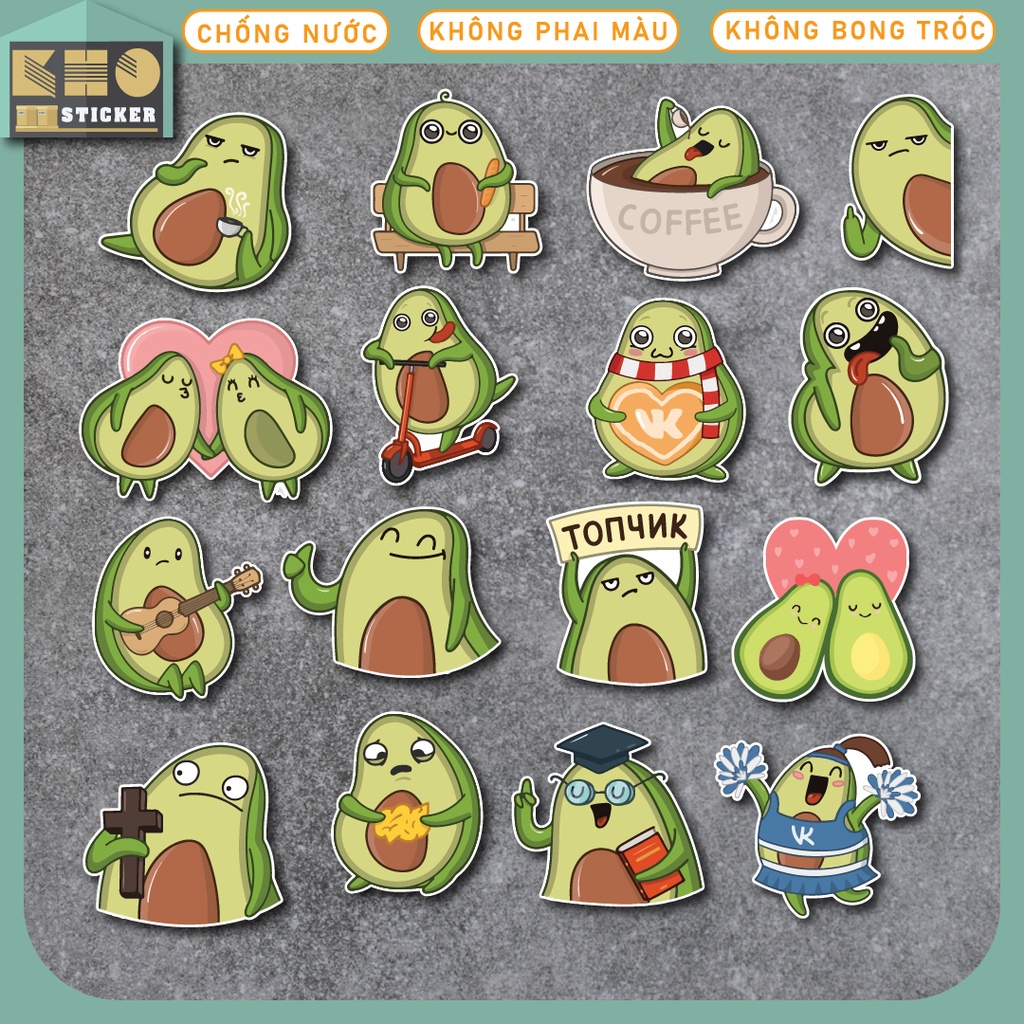 Combo 50 Sticker Trái Bơ Avocado chống nước sticker dán laptop, điện thoại, đàn guitar, mũ bảo hiểm, vali. MSP: ST92