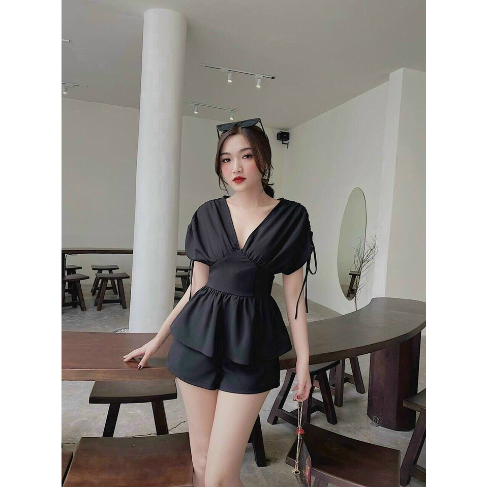 Set bộ vải for cổ chữ tay áo dây rút, set bộ hai món áo kiểu kèm quần ngắn