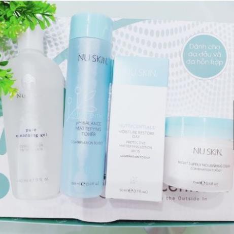 Bộ 4 món Nuskin Nutricentials sữa rửa mặt toner cream dưỡng trắng mịn sáng da se lỗ chân lông