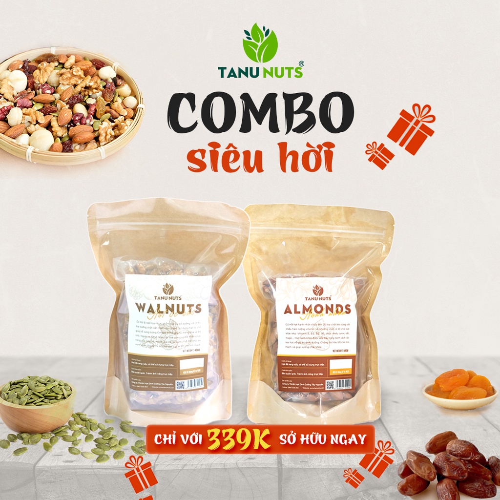 Combo siêu hời gồm hạt óc chó vàng, hạt hạnh nhân rang mộc TANU NUTS tiện lợi