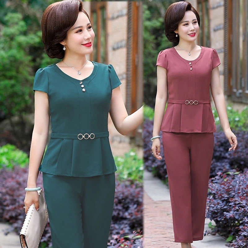 Bộ quần áo cho mẹ, quần áo trung niên cộc tay chất liệu Polyester mềm mại thoáng mát