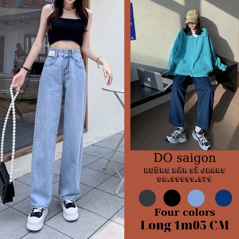 Quần Ống Suông Nữ - Lưng Siêu Cao / Jean Ống Rộng đẹp. Đen,Xanh, Sáng, Xám Rách Gối. Dài 1m05