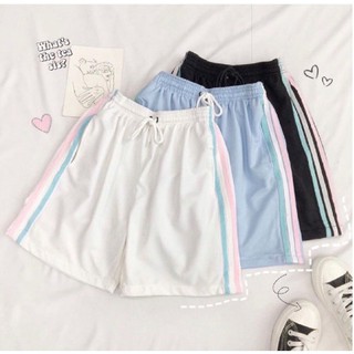 Quần short đùi nữ 3 sọc unisex ống rộng cạp chun trơn màu đen | trắng | xanh ulzzang