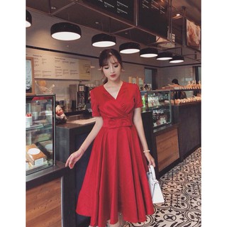 Đầm dự tiệc đi đám cưới đắp chéo nơ bụng đầm xòe dự tiệc hàng thiết kế sang trọng