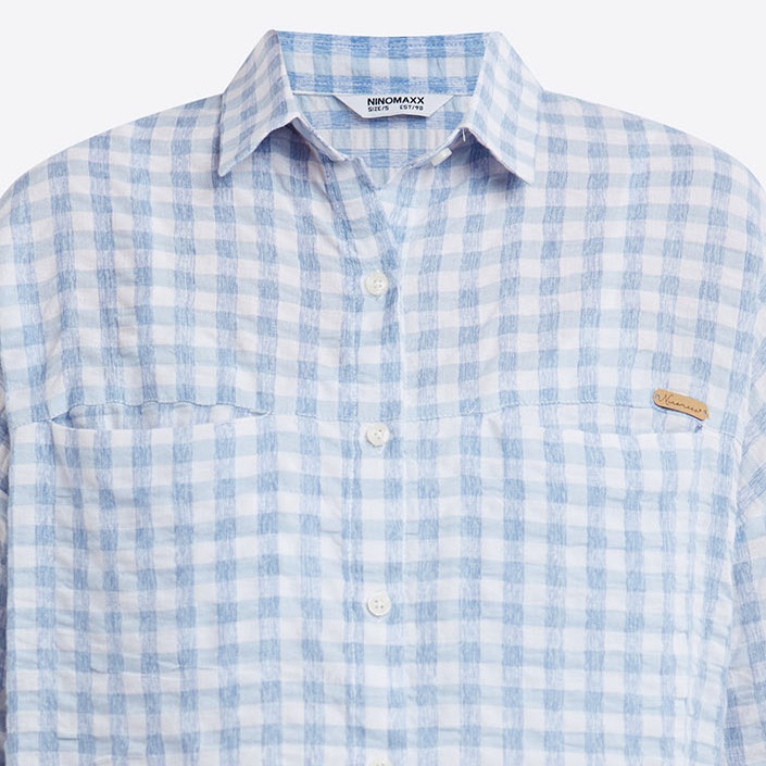 NINOMAXX Áo sơ mi caro nữ form rộng cotton linen 1911071