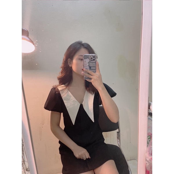 Váy đen ống tay bồng vạt cổ nhọn - hàng có sẵn