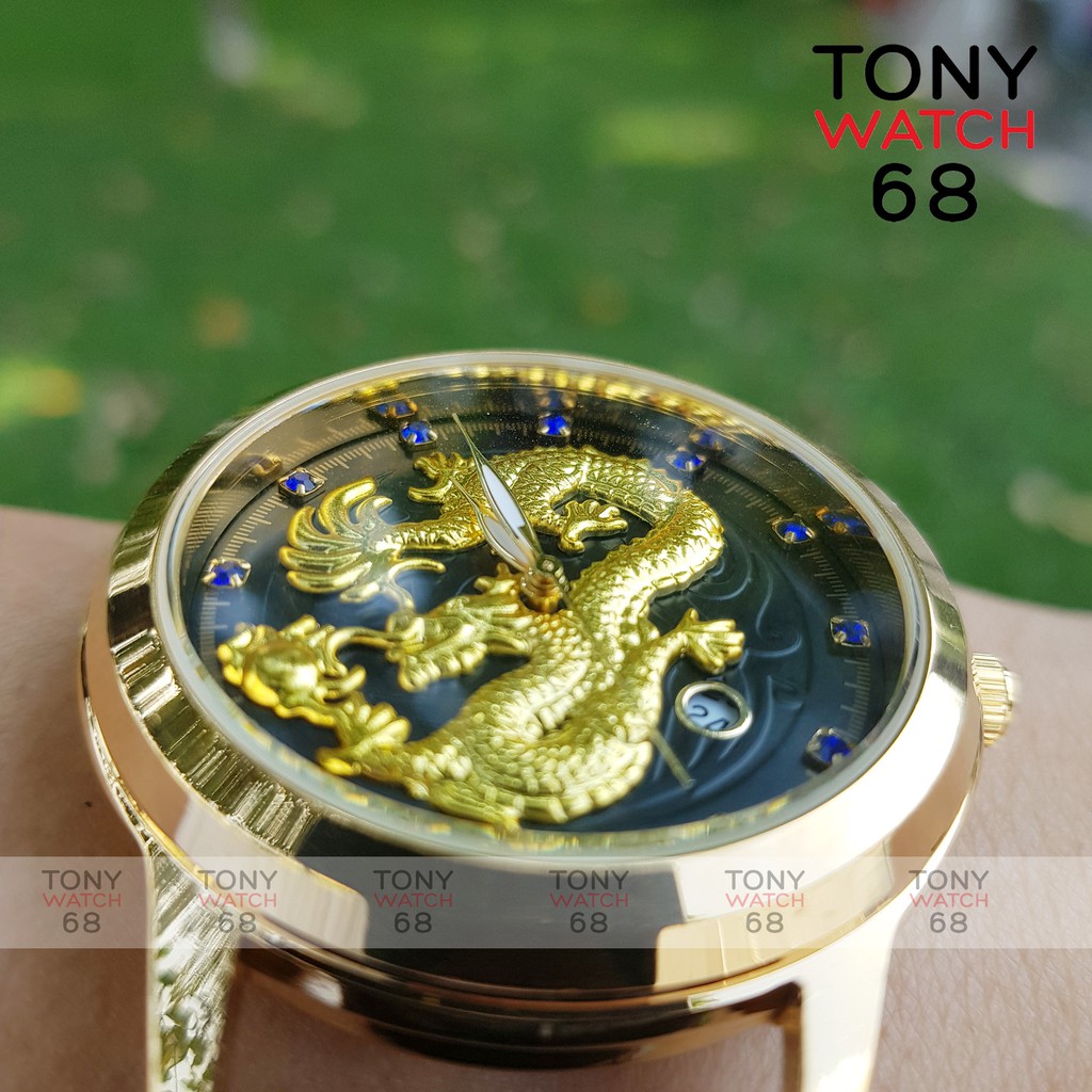 Đồng hồ đeo tay nam SL dây da viền vàng hình rồng 3D có lịch quyền lực size 38mm cho nam tay bé