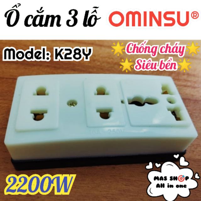 Ổ cắm 3 chân OMINSU K28Y tích hợp lỗ cắm 3 chấu siêu bền - Hàng Việt Nam chất lượng cao