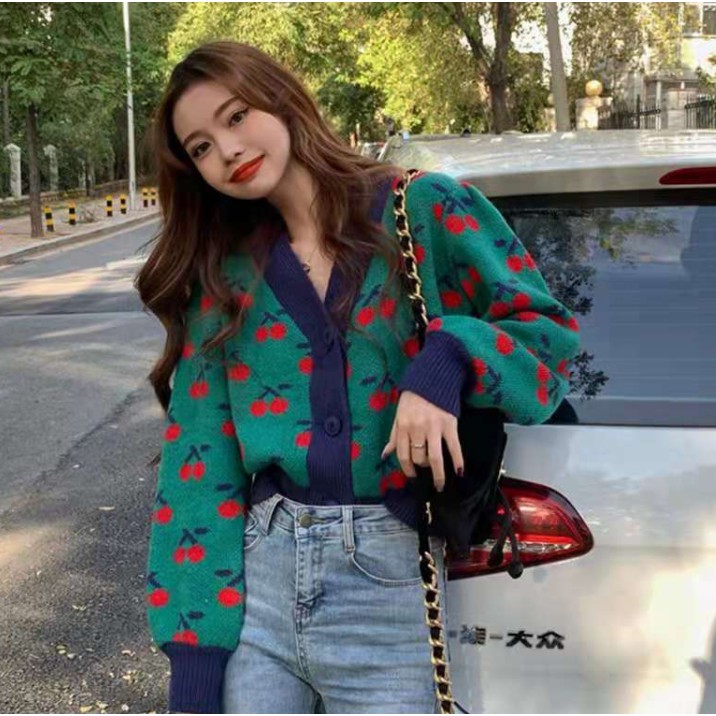 Áo Khoác Cardigan Dáng Rộng Cổ Chữ V In Hình Quả Cherry Kiểu Hàn Quốc 2021