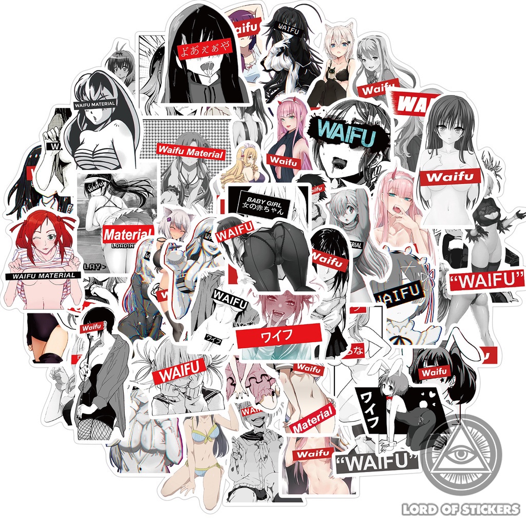 Set 50 Nhãn Dán Hình Cô Gái Anime Waifu Hentai Ecchi Sticker Miếng Dán Trang Trí Mũ Bảo Hiểm, Laptop, Ván Trượt, Guitar