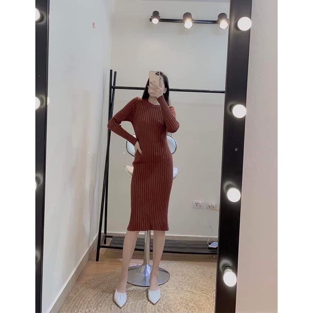 Thanh lý đầm len body sọc thừng màu nâu tây Hàn Quốc form đẹp mới new99%