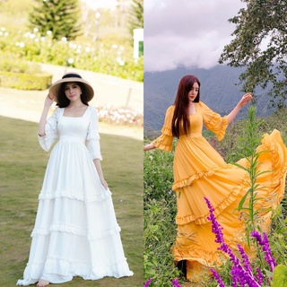 Đầm maxi vàng cổ vuông thiết kế đan lưng phối bèo kèm hình thật mới nhất