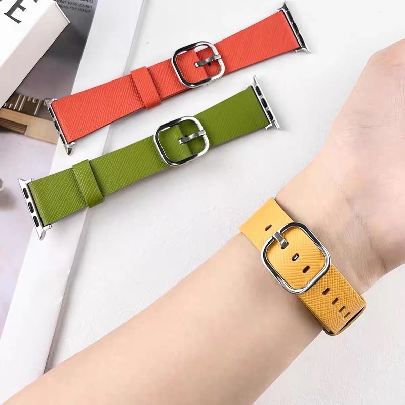 Dây Đeo Đồng Hồ Bằng Da Phối Nút Vuông Kích Thước 45mm 41mm 44mm 40mm 42mm 38mm Cho iwatch 3 4 5 6 7 se