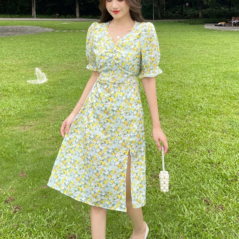 Đầm voan dài ZHELIHANGFEI họa tiết hoa phong cách quyến rũ thời trang